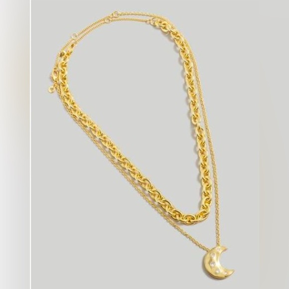 Madewell Metallic Celestial Moon Crystal Layered Pendant Necklace Gold NWT 48$ - Picture 5 of 7